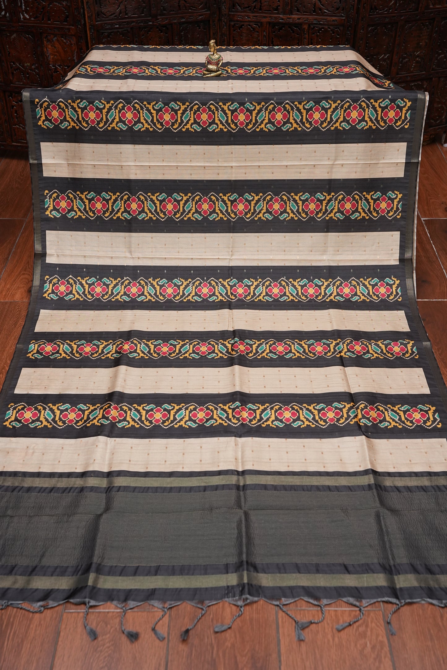 Semi Raw Silk Saree with Patola Prints & Striped Design – Black & Beige