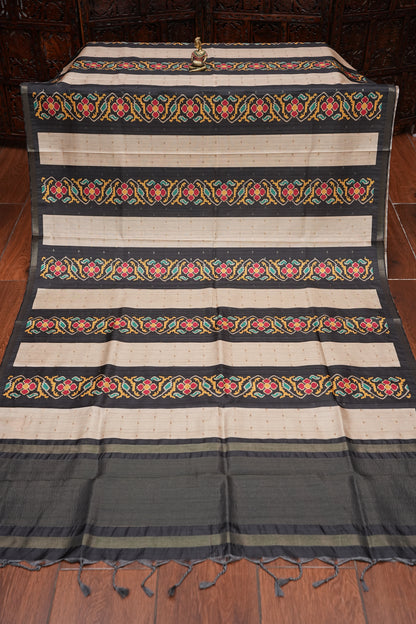 Semi Raw Silk Saree with Patola Prints & Striped Design – Black & Beige