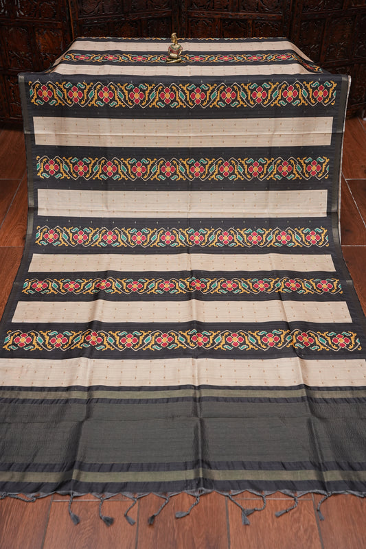 Semi Raw Silk Saree with Patola Prints & Striped Design – Black & Beige