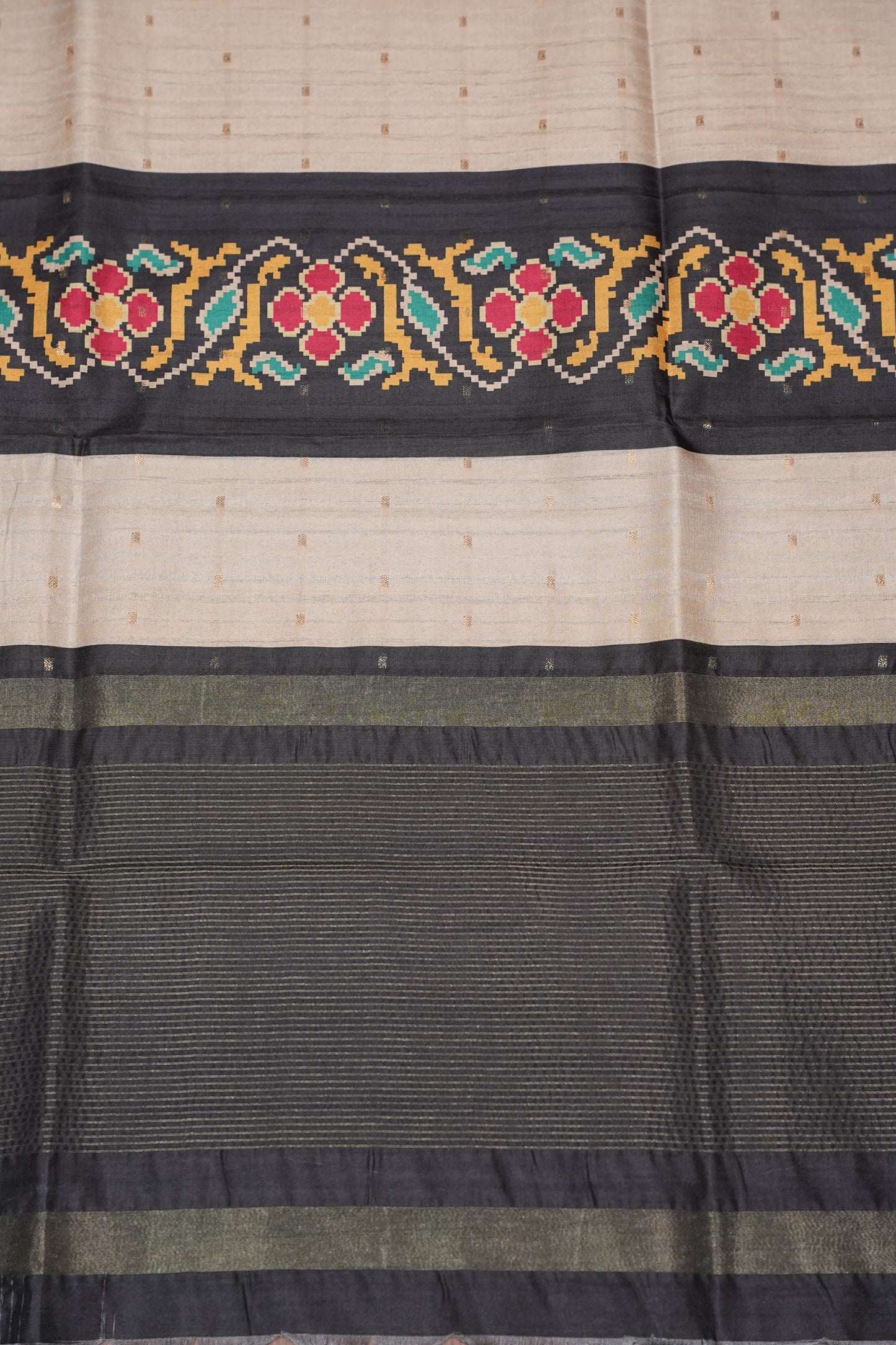 Semi Raw Silk Saree with Patola Prints & Striped Design – Black & Beige