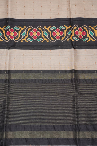 Semi Raw Silk Saree with Patola Prints & Striped Design – Black & Beige