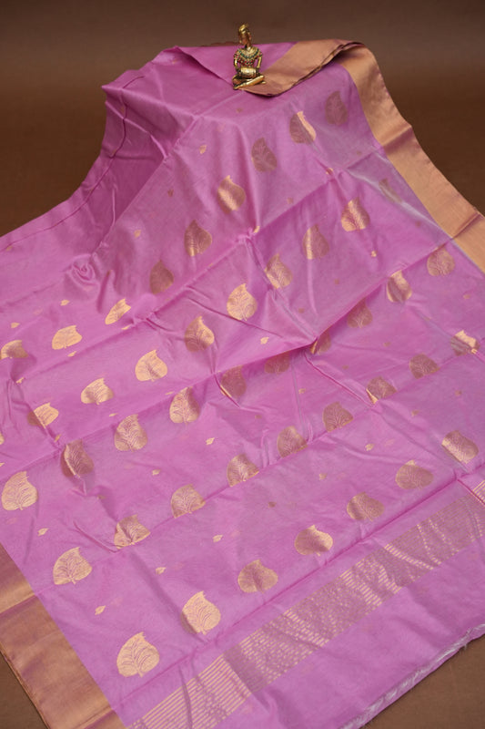 Pure Chanderi Silk Saree with Zari Buttas & Tissue Border - Soft Pink
