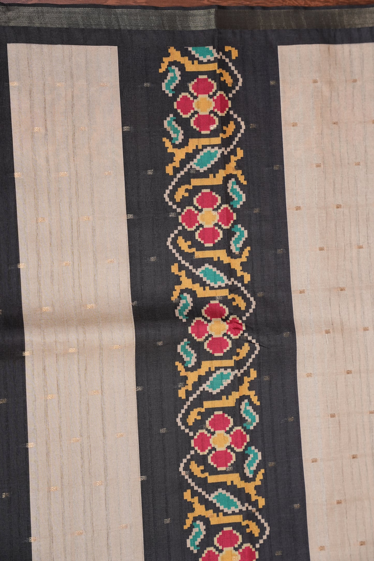 Semi Raw Silk Saree with Patola Prints & Striped Design – Black & Beige