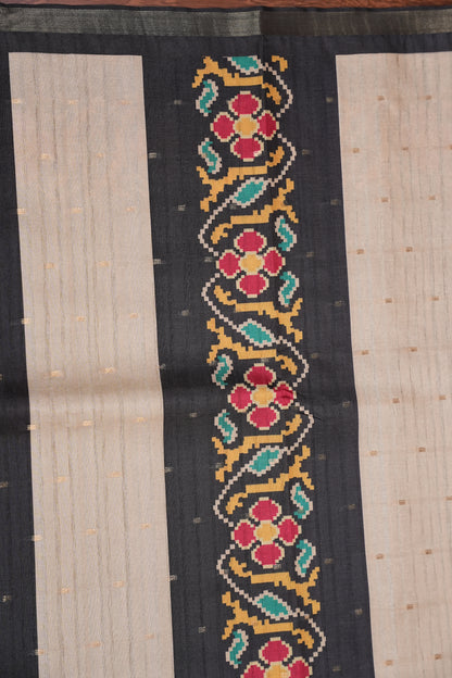 Semi Raw Silk Saree with Patola Prints & Striped Design – Black & Beige