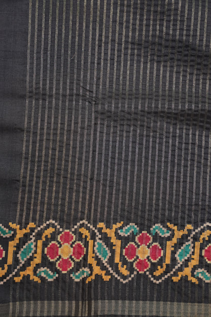 Semi Raw Silk Saree with Patola Prints & Striped Design – Black & Beige