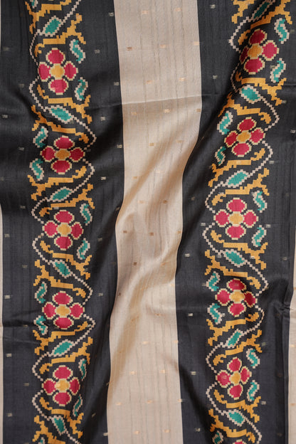 Semi Raw Silk Saree with Patola Prints & Striped Design – Black & Beige