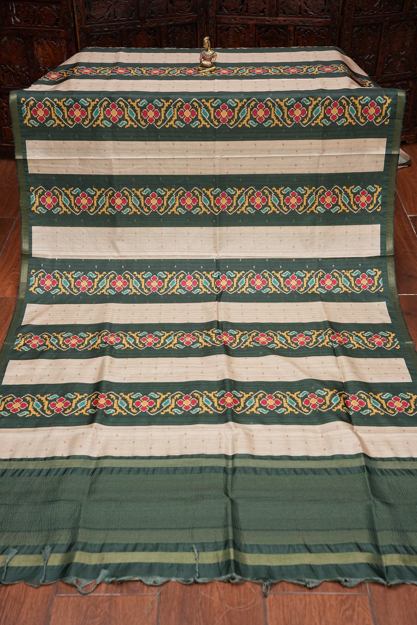 Semi Raw Silk Saree with Patola Prints & Striped Design – Bottle Green & Beige