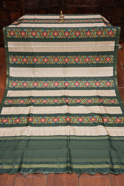 Semi Raw Silk Saree with Patola Prints & Striped Design – Bottle Green & Beige
