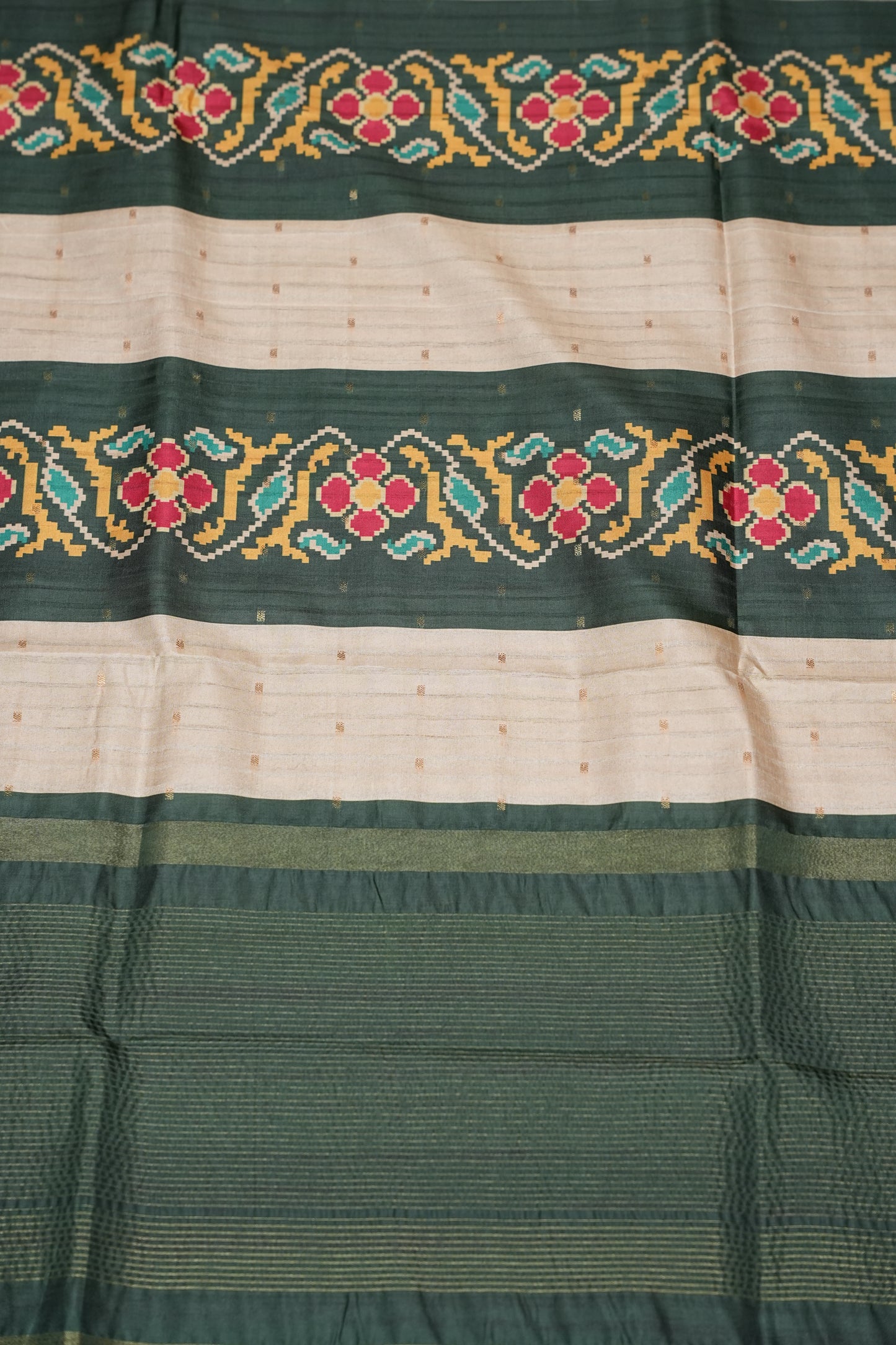 Semi Raw Silk Saree with Patola Prints & Striped Design – Bottle Green & Beige