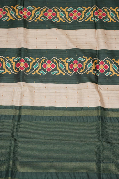 Semi Raw Silk Saree with Patola Prints & Striped Design – Bottle Green & Beige