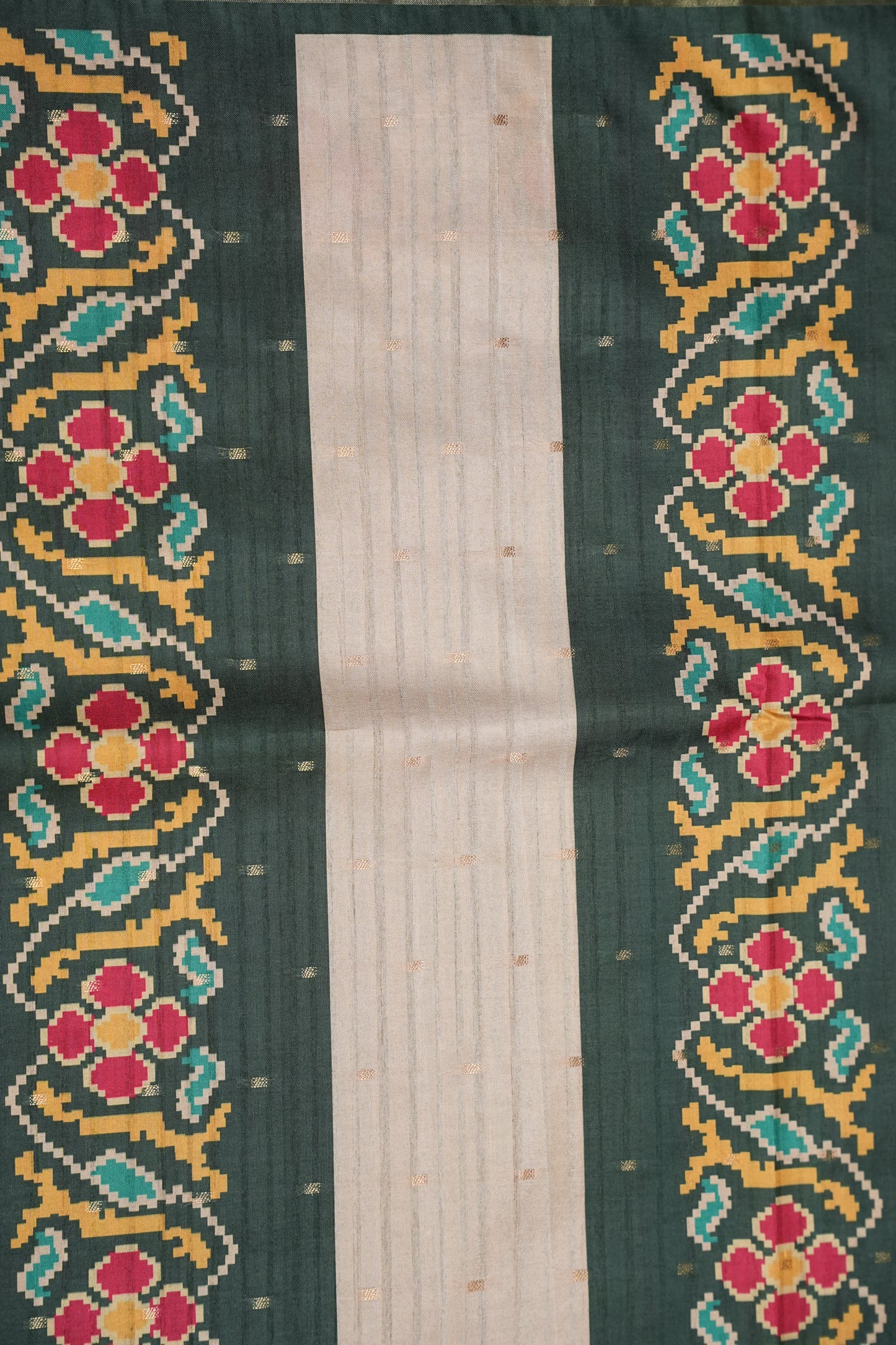 Semi Raw Silk Saree with Patola Prints & Striped Design – Bottle Green & Beige