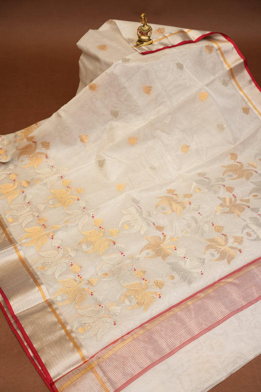 Pure Chanderi Silk Saree with Zari Buttas & Tissue Border - White
