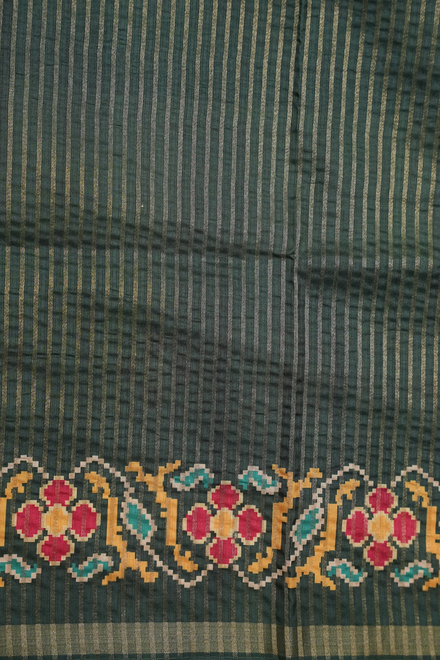 Semi Raw Silk Saree with Patola Prints & Striped Design – Bottle Green & Beige