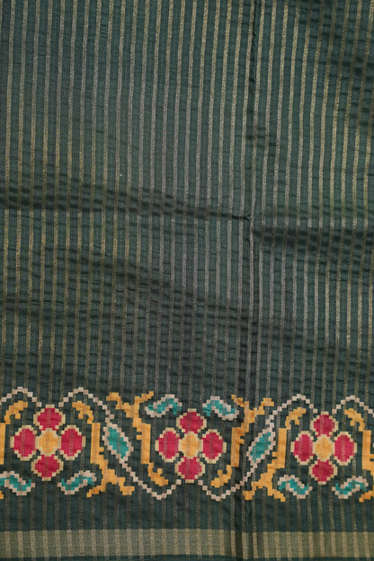 Semi Raw Silk Saree with Patola Prints & Striped Design – Bottle Green & Beige