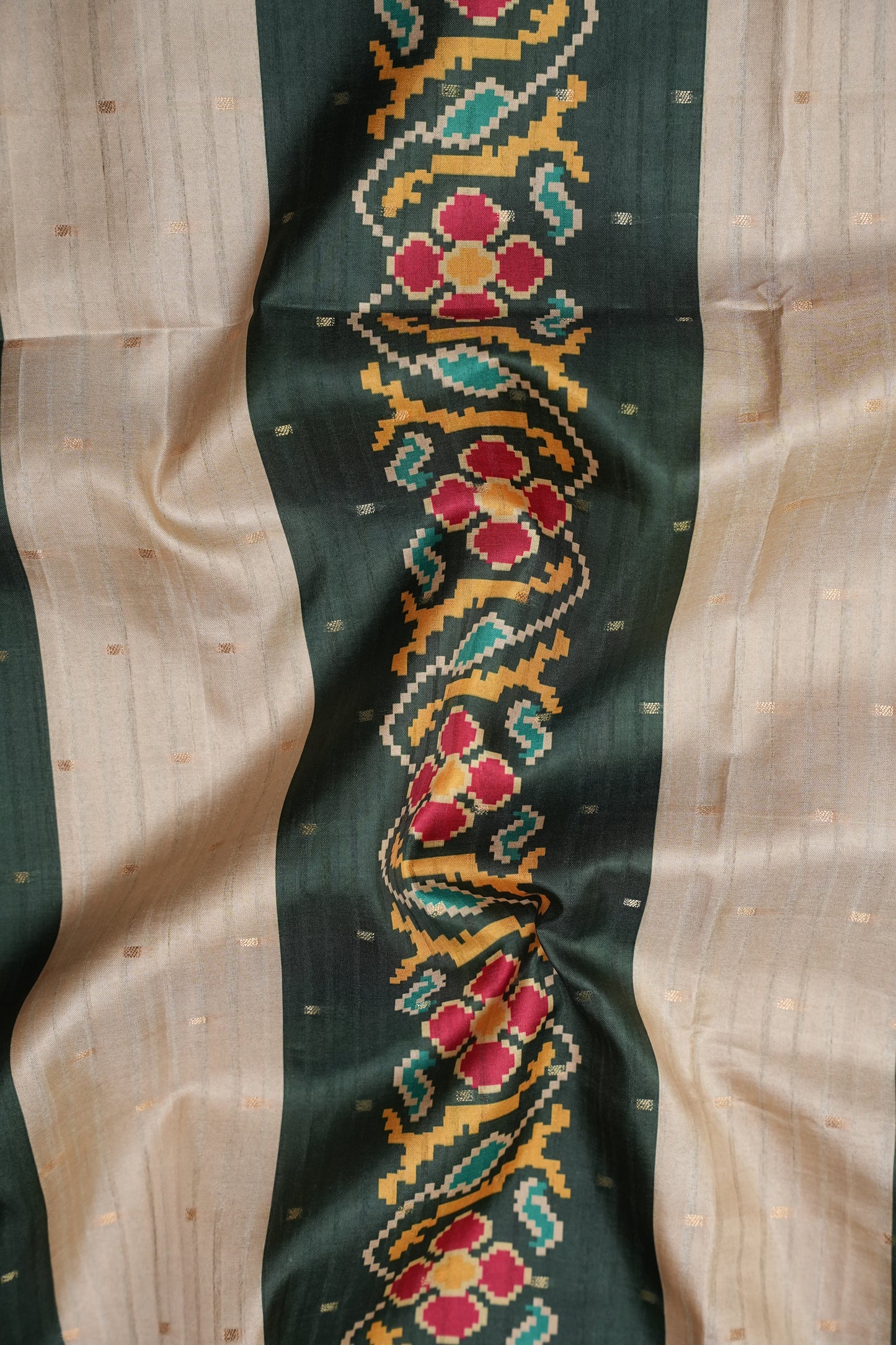 Semi Raw Silk Saree with Patola Prints & Striped Design – Bottle Green & Beige
