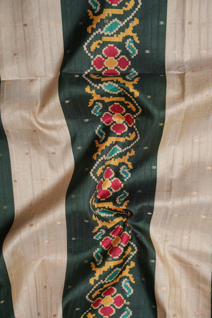 Semi Raw Silk Saree with Patola Prints & Striped Design – Bottle Green & Beige