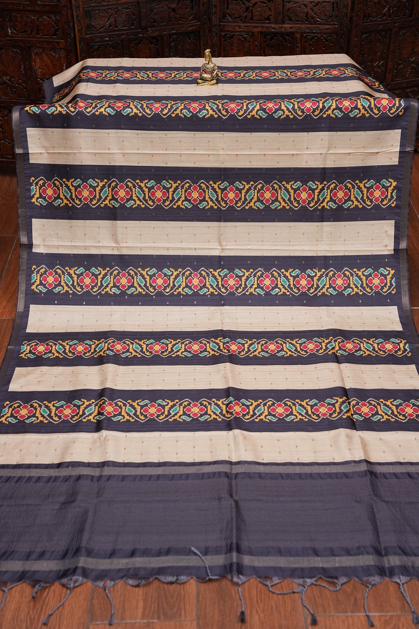 Semi Raw Silk Saree with Patola Prints & Striped Design – Dark Grey & Beige