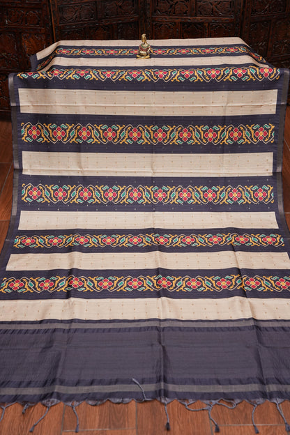 Semi Raw Silk Saree with Patola Prints & Striped Design – Dark Grey & Beige