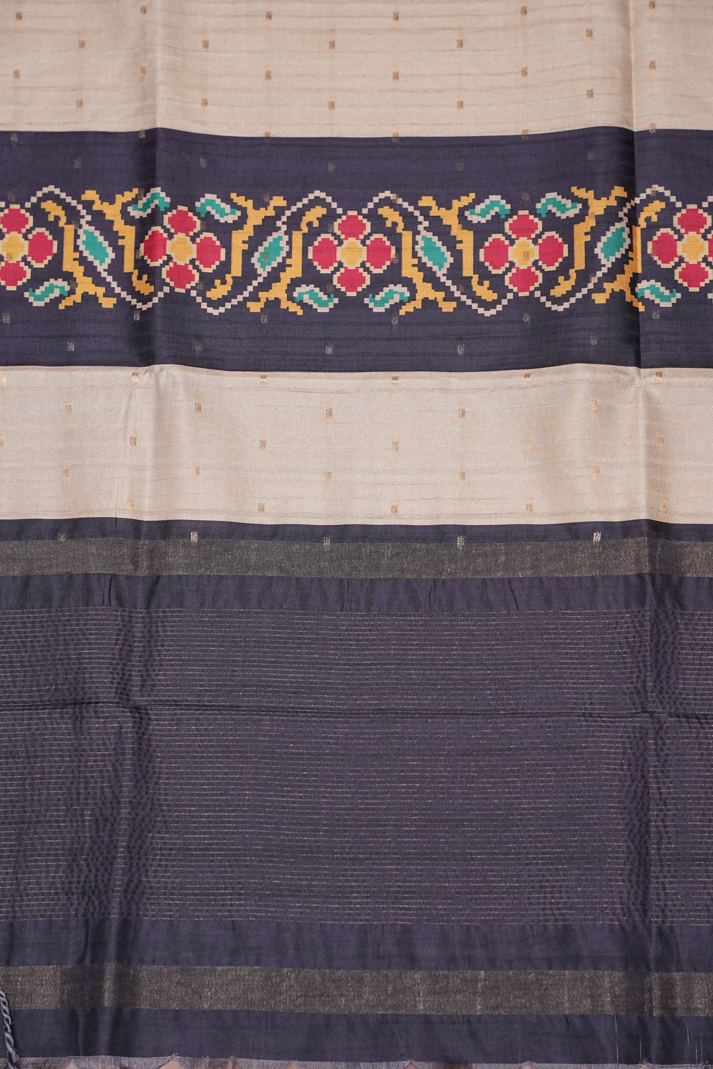 Semi Raw Silk Saree with Patola Prints & Striped Design – Dark Grey & Beige
