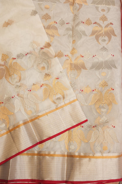Pure Chanderi Silk Saree with Zari Buttas & Tissue Border - White