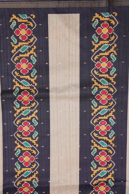 Semi Raw Silk Saree with Patola Prints & Striped Design – Dark Grey & Beige