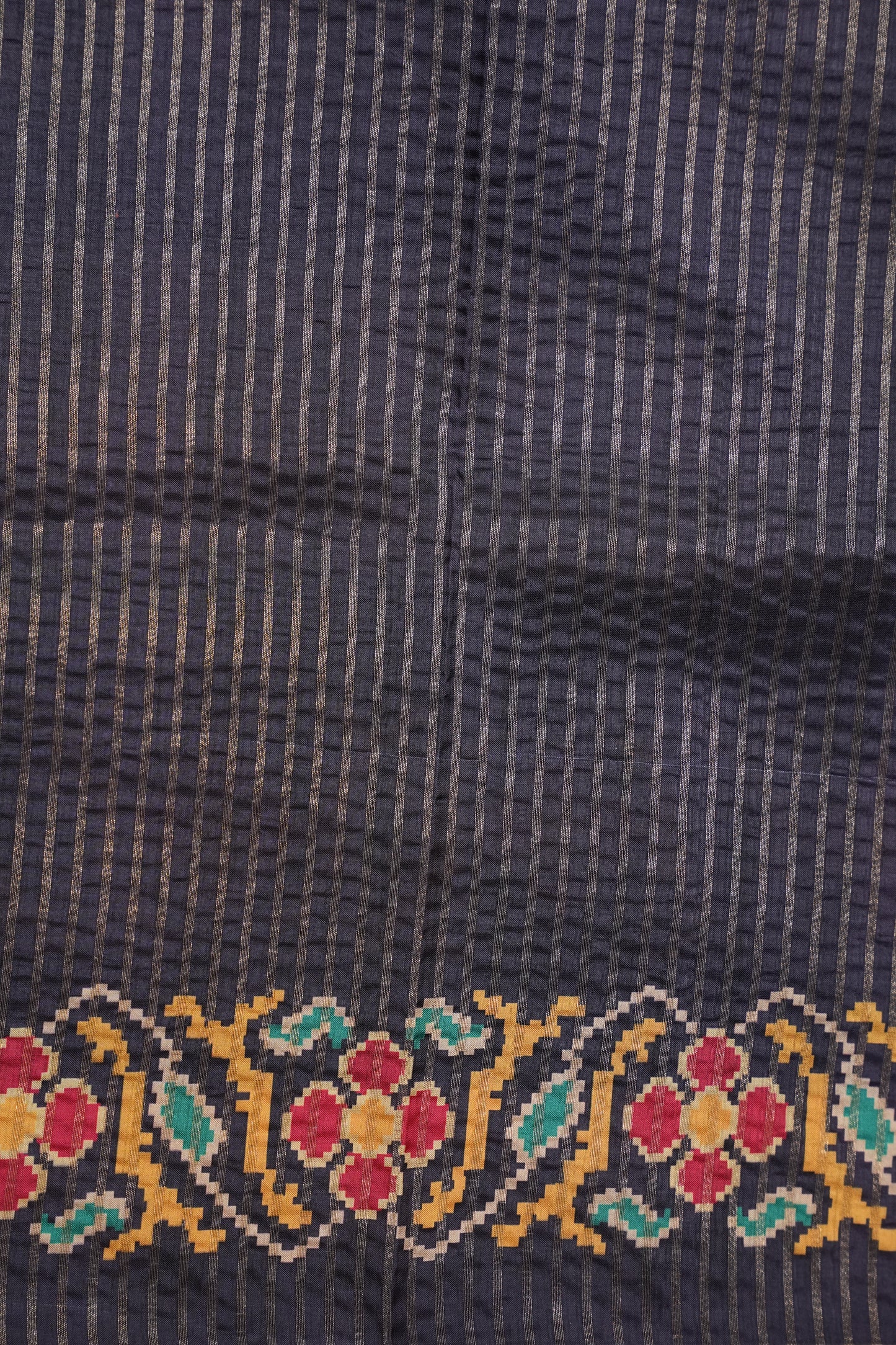 Semi Raw Silk Saree with Patola Prints & Striped Design – Dark Grey & Beige