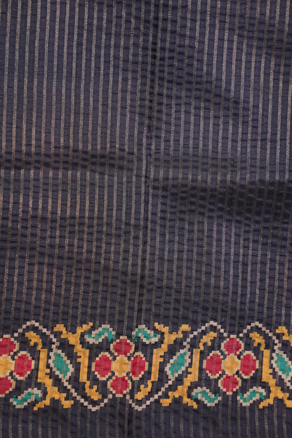 Semi Raw Silk Saree with Patola Prints & Striped Design – Dark Grey & Beige