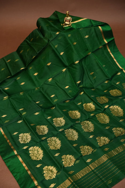 Pure Chanderi Silk Saree with Zari Buttas & Tissue Border - Emerald Green