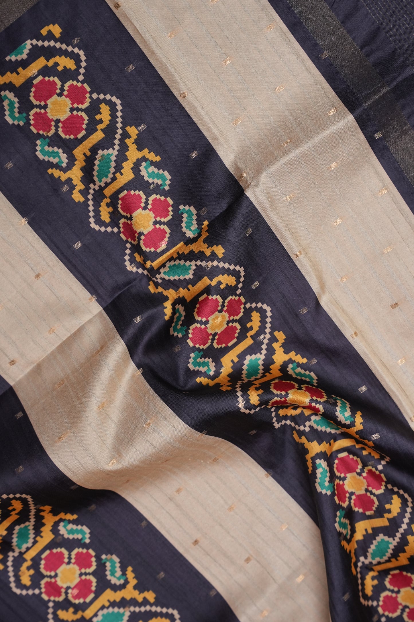 Semi Raw Silk Saree with Patola Prints & Striped Design – Dark Grey & Beige