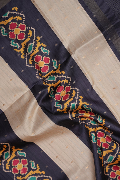 Semi Raw Silk Saree with Patola Prints & Striped Design – Dark Grey & Beige