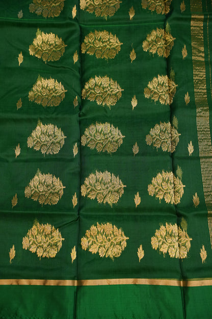 Pure Chanderi Silk Saree with Zari Buttas & Tissue Border - Emerald Green