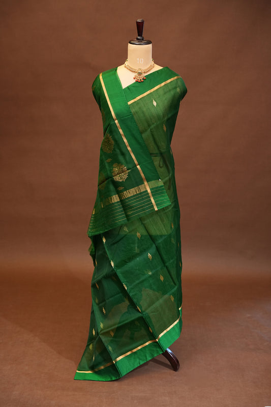 Pure Chanderi Silk Saree with Zari Buttas & Tissue Border - Emerald Green