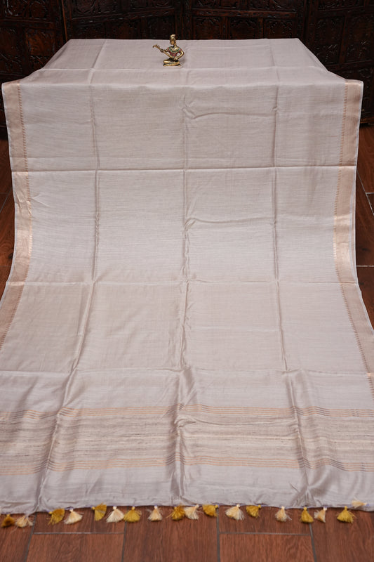 Plain Pure Tussar Silk Saree - Half White