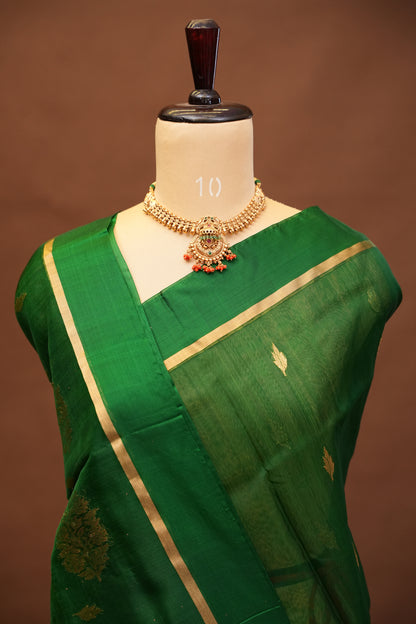 Pure Chanderi Silk Saree with Zari Buttas & Tissue Border - Emerald Green