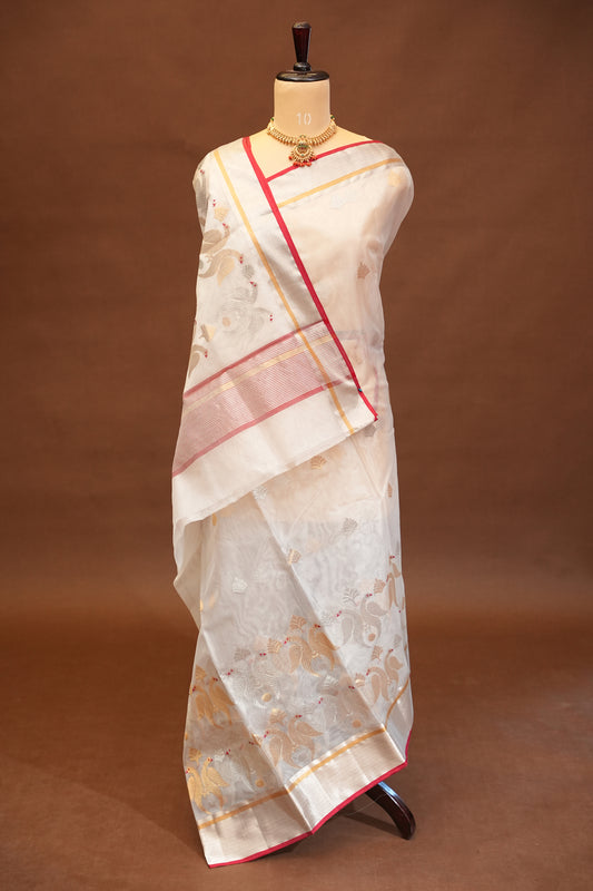 Pure Chanderi Silk Saree with Zari Buttas & Tissue Border - White