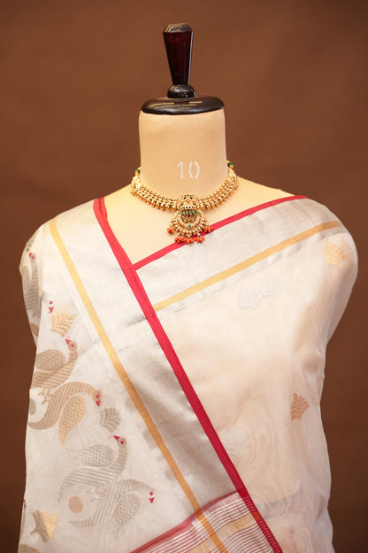 Pure Chanderi Silk Saree with Zari Buttas & Tissue Border - White