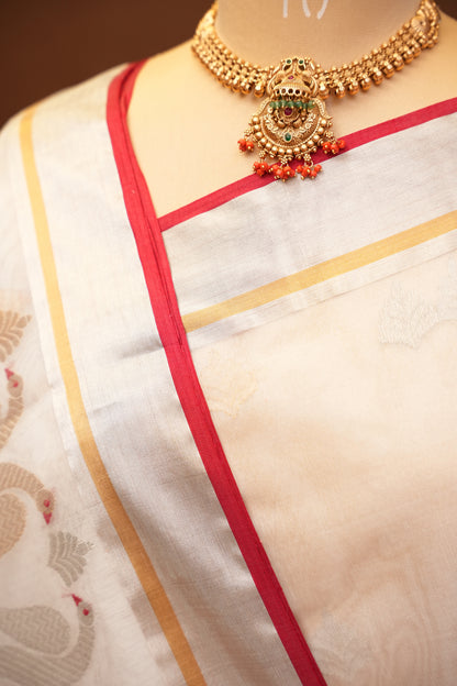 Pure Chanderi Silk Saree with Zari Buttas & Tissue Border - White