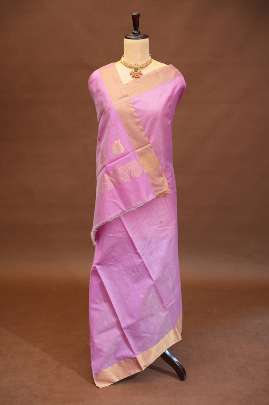 Pure Chanderi Silk Saree with Zari Buttas & Tissue Border - Soft Pink
