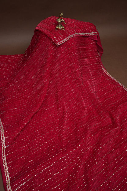 Beaded Party Wear Saree in Ruby Red with Delicate Sequin Embellishments