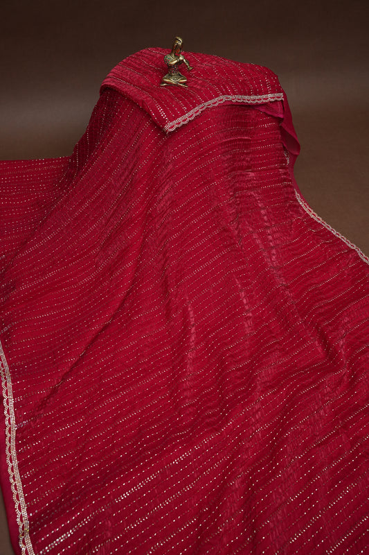 Beaded Party Wear Saree in Ruby Red with Delicate Sequin Embellishments