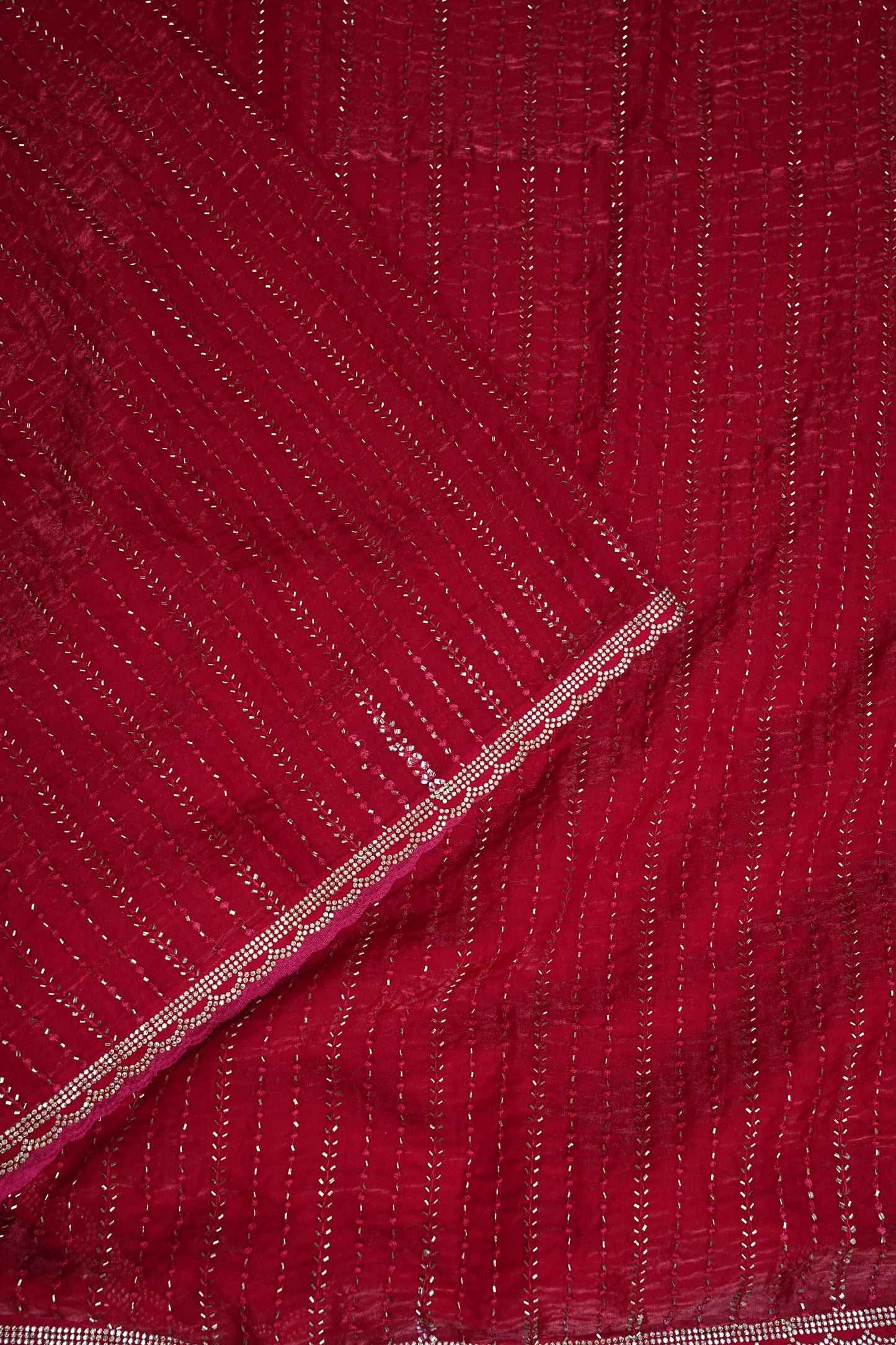 Beaded Party Wear Saree in Ruby Red with Delicate Sequin Embellishments