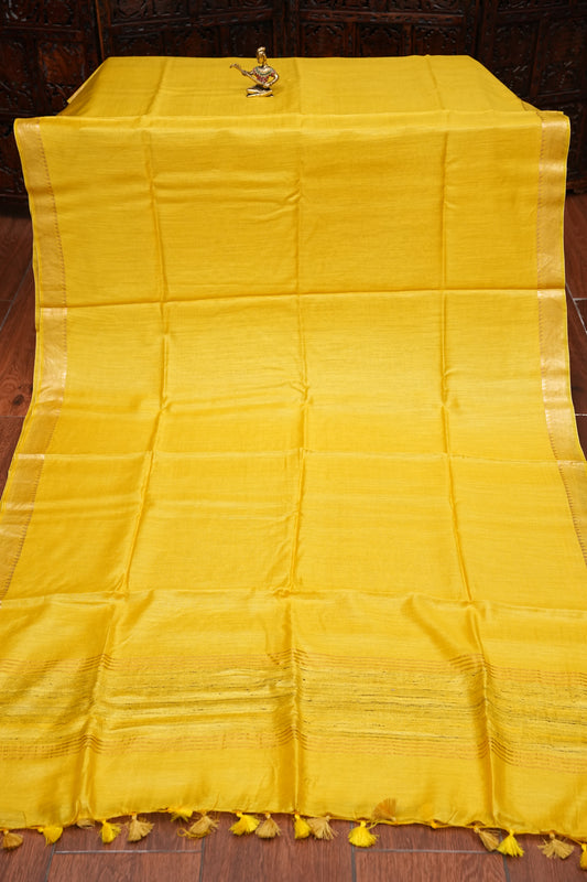Plain Pure Tussar Silk Saree - Yellow