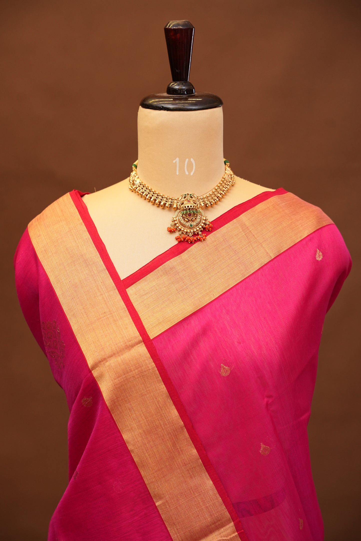 Pure Chanderi Silk Saree with Zari Buttas & Tissue Border - Bright Pink