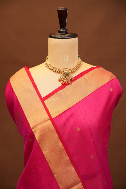Pure Chanderi Silk Saree with Zari Buttas & Tissue Border - Bright Pink
