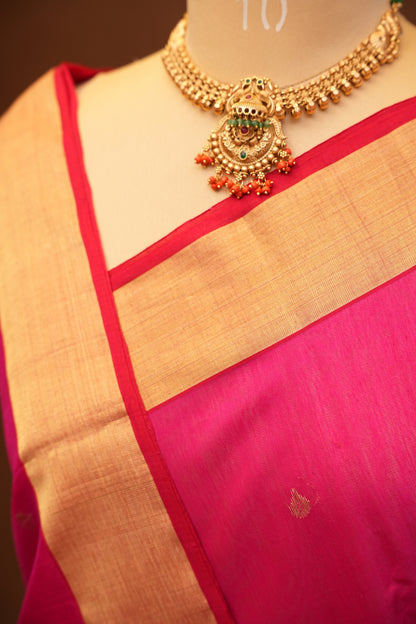 Pure Chanderi Silk Saree with Zari Buttas & Tissue Border - Bright Pink