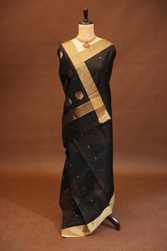 Pure Chanderi Silk Saree with Zari Buttas & Tissue Border - Black
