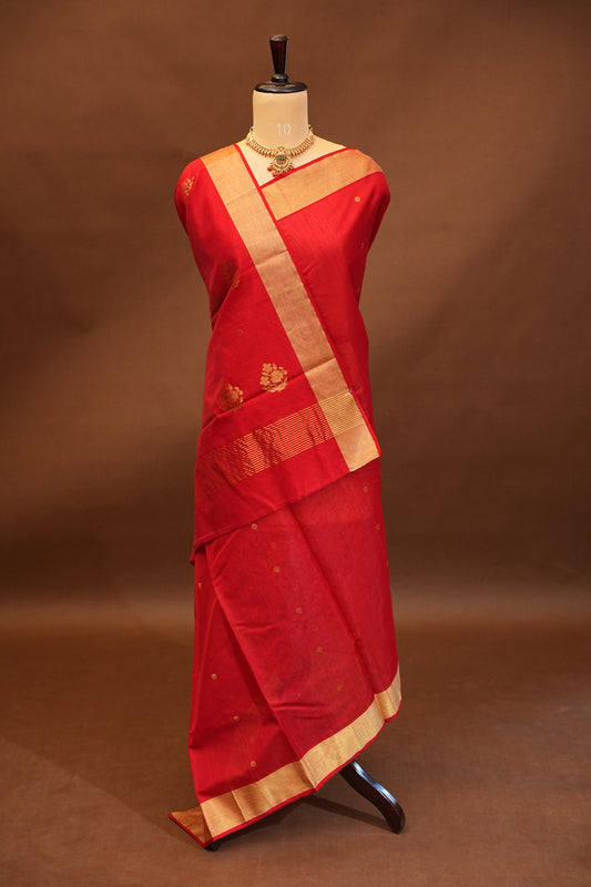 Pure Chanderi Silk Saree with Zari Buttas & Tissue Border - Red