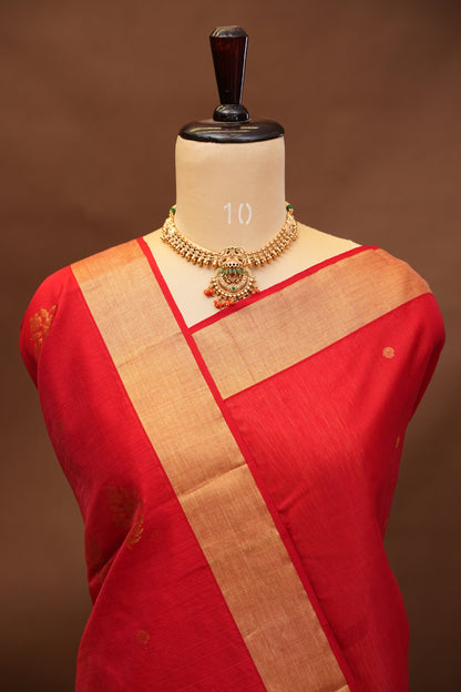 Pure Chanderi Silk Saree with Zari Buttas & Tissue Border - Red
