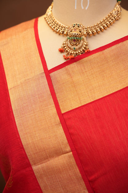 Pure Chanderi Silk Saree with Zari Buttas & Tissue Border - Red