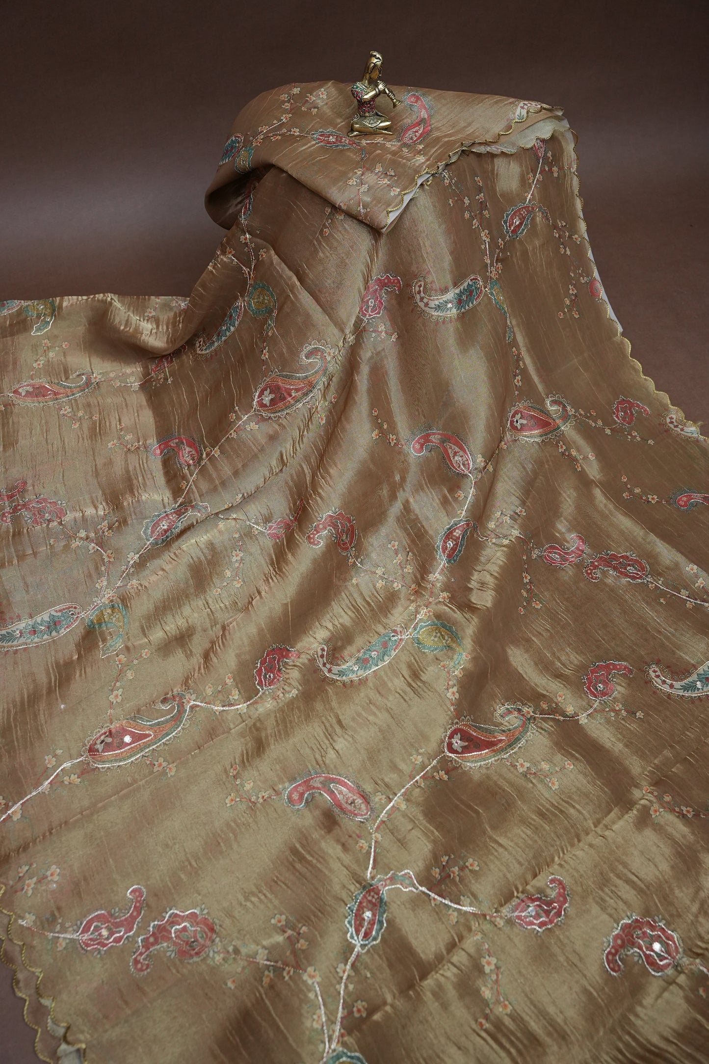 Gold Shade Glass Tissue Organza Designer Party Wear Saree